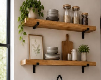 Set van 2 massief houten zwevende planken met industriële beugels | Wasruimteplanken| Aangepast formaat houten planken |