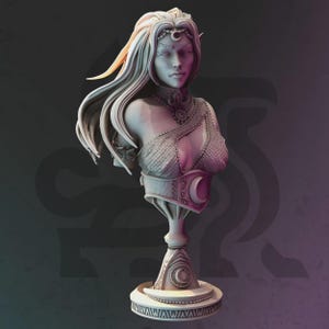May include: A detailed bust of a female figure with long flowing hair, a crescent moon headpiece, and intricate armor-like detailing. The sculpture is in a neutral color, with a pedestal base featuring circular and geometric patterns.