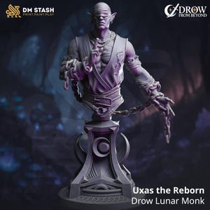 May include: A detailed bust of a Drow Lunar Monk, named "Uxas the Reborn", with a blindfold and chains. The sculpture is in shades of gray and purple, with the text "DM STASH PRINT.PAINT.PLAY" and "DROW FROM BEYOND".