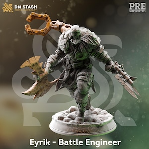 May include: A detailed figurine of Eyrik, the Battle Engineer, in a dynamic pose. The figure is predominantly gray with bronze and gold accents, holding a large wrench-like tool and a bladed weapon. The base is textured to resemble stone.