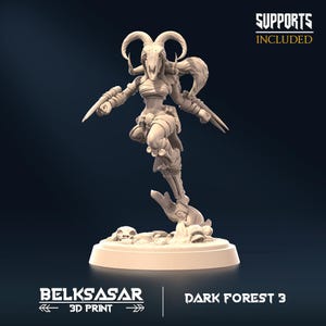 May include: A beige 3D printed miniature figurine of a warrior wearing a horned skull mask, leaping forward with blades attached to the forearms. The figure stands on a circular base with rocky details. Text reads: SUPPORTS INCLUDED, BELKSASAR 3D PRINT, DARK FOREST 3.
