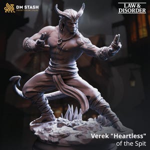 May include: A detailed figurine of Verek "Heartless" of the Spit, a muscular humanoid figure with horns, a tail, and intricate arm and leg wraps. The figure is posed in a dynamic stance, with the text "Law & Disorder" and "DM STASH" visible.