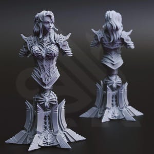 May include: A detailed, gray bust of a female figure, featuring intricate armor and a stylized base. The bust showcases a woman with flowing hair and detailed facial features. The armor has a spiderweb design.
