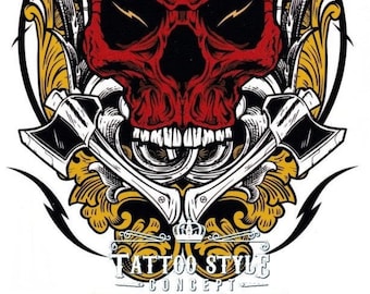 Atypical temporary tattoo - Red skull and axes