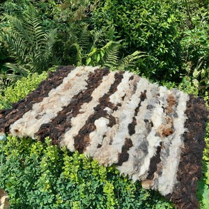 May include: A rectangular rug crafted from thick, shaggy sheep wool featuring alternating vertical stripes of dark brown, light brown, cream, and white. The texture is dense and curly, showcasing the natural variations in the raw wool fibres.