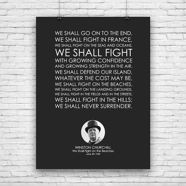 Winston Churchill, We Shall Fight on the Beaches, Great Speeches, Great Speech, Motivational Speech, Literary Print, Literary Art Print