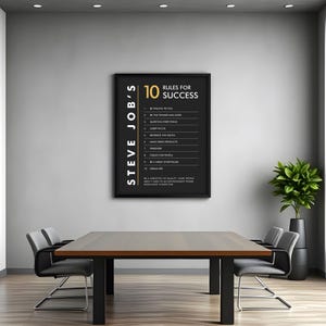 K&ouml;nnte beinhalten: Ein schwarz-wei&szlig;es Motivationsposter mit goldfarbenem Text. Das Poster zeigt 10 Regeln f&uuml;r den Erfolg, die Steve Jobs zugeschrieben werden. Die Regeln beinhalten "Bereit sein zu scheitern", "Alles in Frage stellen", "Laserfokus", "Die Vision wiederentdecken", "Gro&szlig;artige Produkte herstellen", "Durchhalten", "F&uuml;r Menschen schaffen", "Ein gro&szlig;artiger Geschichtenerz&auml;hler sein", "Gro&szlig; tr&auml;umen", und "Sei ein Ma&szlig;stab f&uuml;r Qualit&auml;t. Manche Menschen sind es nicht gewohnt, in einem Umfeld zu arbeiten, in dem Exzellenz erwartet wird."