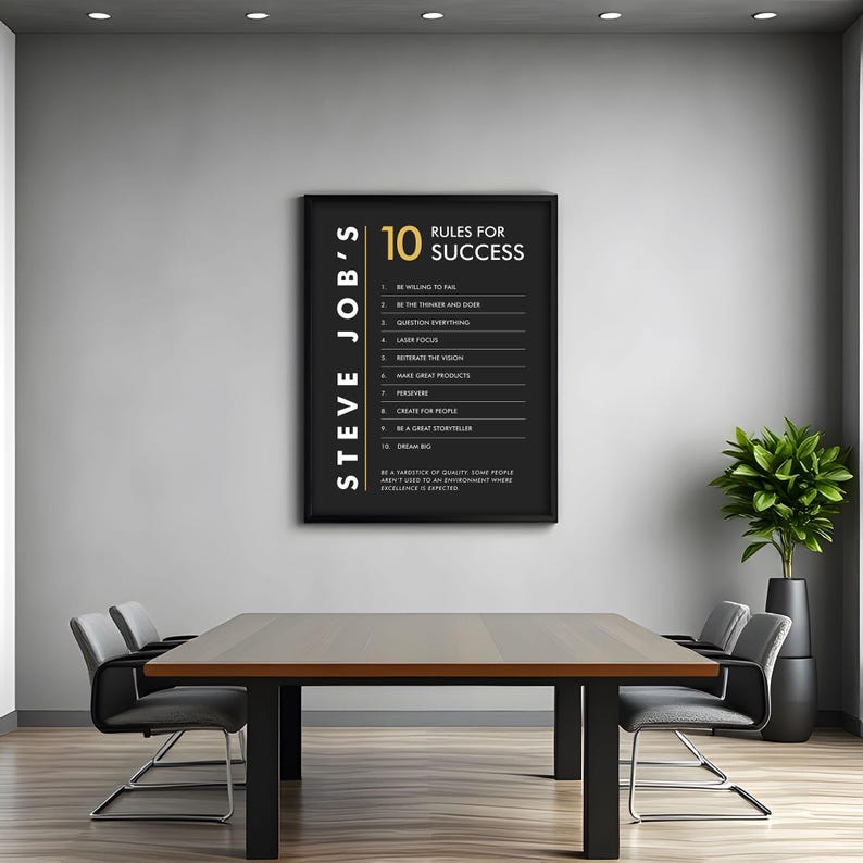 K&ouml;nnte beinhalten: Ein schwarz-wei&szlig;es Motivationsposter mit goldfarbenem Text. Das Poster zeigt 10 Regeln f&uuml;r den Erfolg, die Steve Jobs zugeschrieben werden. Die Regeln beinhalten "Bereit sein zu scheitern", "Alles in Frage stellen", "Laserfokus", "Die Vision wiederentdecken", "Gro&szlig;artige Produkte herstellen", "Durchhalten", "F&uuml;r Menschen schaffen", "Ein gro&szlig;artiger Geschichtenerz&auml;hler sein", "Gro&szlig; tr&auml;umen", und "Sei ein Ma&szlig;stab f&uuml;r Qualit&auml;t. Manche Menschen sind es nicht gewohnt, in einem Umfeld zu arbeiten, in dem Exzellenz erwartet wird."