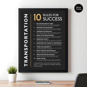 May include: A black framed poster with the title "10 Rules for Success" in yellow and white. The poster lists ten rules for success in the transportation industry, including delivering reliability, optimising efficiency, and adapting to change.