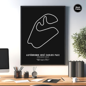 Interlagos-circuit, F1-circuit, F1-circuit muurkunst, F1-racebaan, F1-circuitkaart, Formule 1-circuit, racebaankunst, racebaanposter