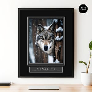 May include: A motivational poster with a black frame features a wolf peering out from behind a snow-covered tree. The poster has the word "TENACITY" in large letters at the bottom and the text "Leadership is not about being the strongest but about leading with purpose and vision."