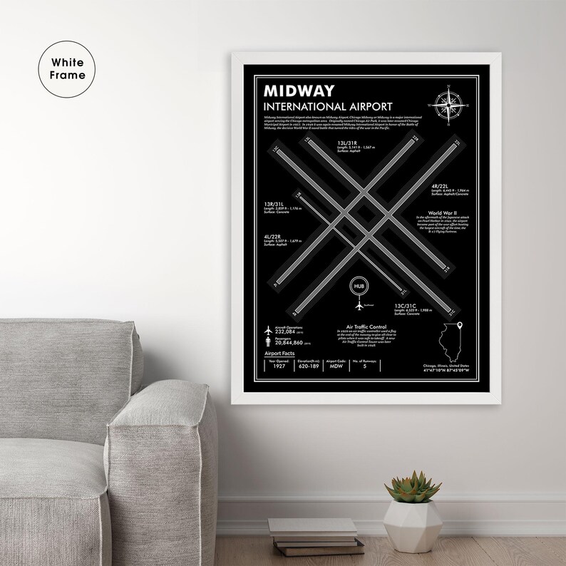 Chicago Midway Airport Map Art Print, MDW Airport Code - Etsy