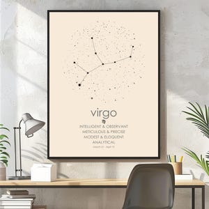 Virgo, póster de Virgo, signos del zodíaco, mapa de constelaciones, mapa de constelaciones personalizado, mapa estelar, mapa estelar personalizado, impresión de mapa estelar, póster de mapa estelar