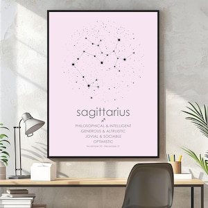 Sagitario, póster de Sagitario, signos del zodíaco, mapa de constelaciones, impresión astronómica, mapa estelar, mapa estelar personalizado, impresión de mapa estelar, póster de mapa estelar