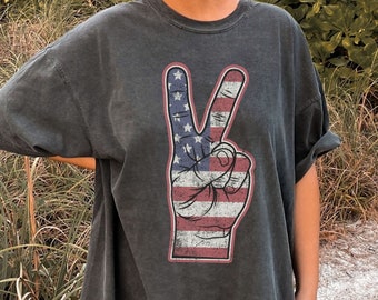 Comfort Colors American Flag Peace Sign Graphic Tee Patriotic Western T Shirt Women's Western Tee 4th Of July Shirt Western USA T Shirt