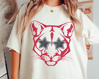 Comfort Colors Cougars Shirt, Cougar Mascot Tee, Game Day Apparel, Red and White Cougar Shirt