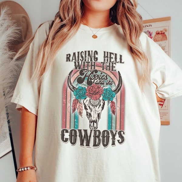 Comfort Colors Raising Hell Hippies and Cowboys Shirt Rodeo Shirt Southwest shirt Cowgirl Shirt Western Graphic Shirt Country Music Tee