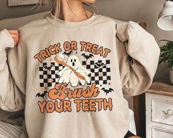 Halloween Dental Sweatshirt rick or Treat Brush Your Teeth Halloween Dentist Shirt Halloween Dental Hygienist Tee Dental Halloween Shirt