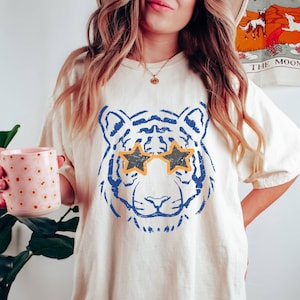 Comfort Colors Retro Blue and Orange Tiger Shirt, Tigers Mascot, Tigers Tee, Memphis Shirt
