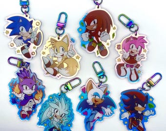 Sonic Character Iridescent Acrylic Keychain, Hedgehog Keyring, Shadow, Tails, Amy Rose, Silver, Knuckles, Blaze, Rouge, Gaming Inspired