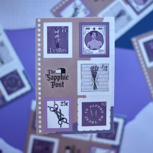 SAPPHIC STICKER SHEET Lesbian Lettermail Sappho Post Wlw decal pack 6 designs stamp style gay lavender menace queer scissors scissoring mail
