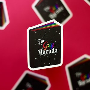 以下が含まれることがあります： 虹色のデザインと白い文字で「The Gay Agenda」と書かれた黒いステッカー。ステッカーは、星空の背景を持つ開いた本の形をしています。