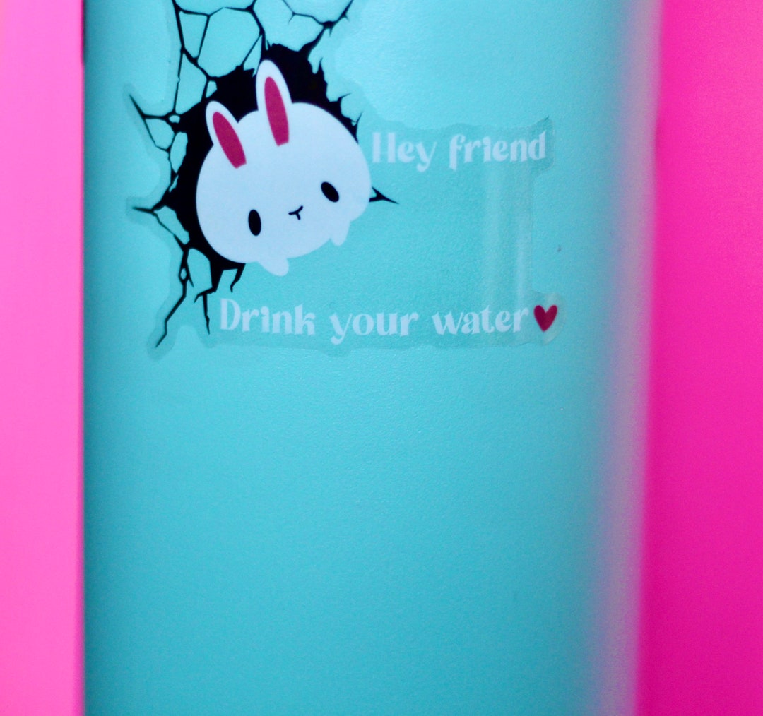 CUTE and FUNNY BUNNY Water Bottle Sticker Hey Friend Remember to Drink