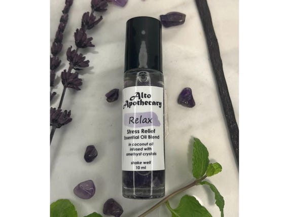 Relax Stress Relief Essential Oil Roll On: Lavender, Lemon Balm, Vanilla with Amethyst