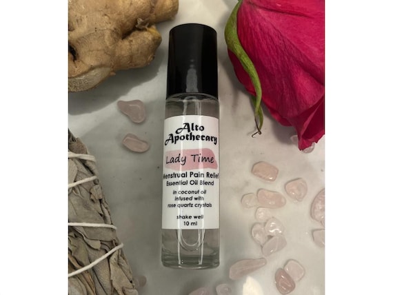 Lady Time Menstrual Pain Relief Essential Oil Roll On: Rose, Sage, Ginger with Rose Quartz