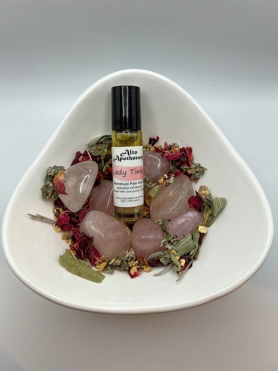 Lady Time Roller • Hormone Balance & PMS Relief • Raspberry Leaf, Rose, Sage, Ginger • Rose Quartz Crystal • 10ml Essential Oil Roller
