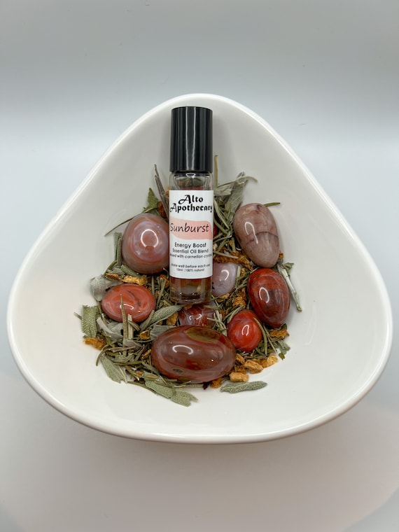 Sunburst Roller • Energy & Creativity Boost • Orange, Peppermint, Rosemary, Sage • Carnelian Crystal • 10ml Essential Oil Roller