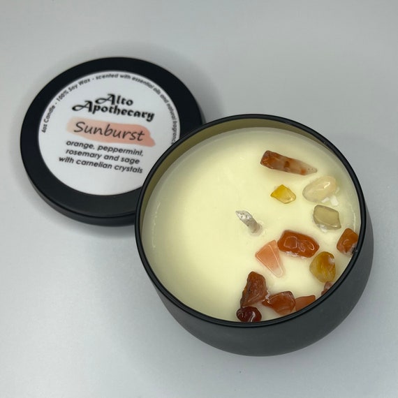Sunburst Candle • Energy & Creativity Boost • Orange, Peppermint, Rosemary, Sage • Carnelian Crystal • 4oz Soy Candle