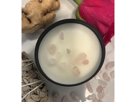 Lady Time Soy Wax Candle: Rose, Sage, Ginger with Rose Quartz