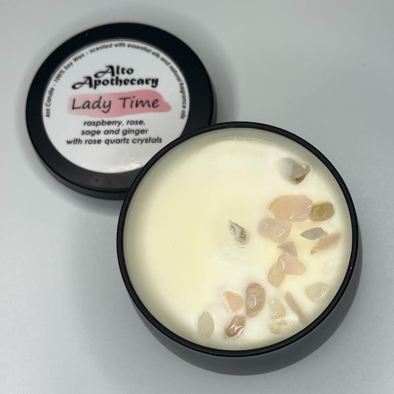Lady Time Candle • Hormone Balance & PMS Relief • Raspberry Leaf, Rose, Sage, Ginger • Rose Quartz Crystal • 4oz Soy Candle