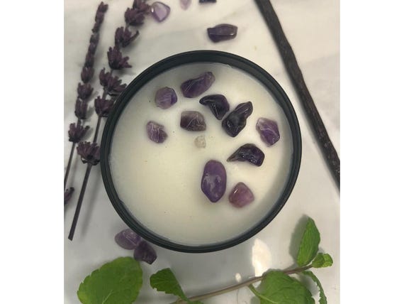 Relax Soy Wax Candle: Lavender, Lemon Balm, Vanilla with Amethyst
