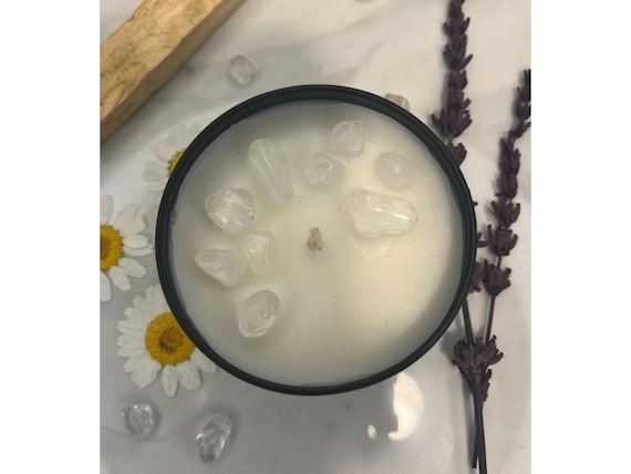 Moonbeam Soy Wax Candle: Lavender, Chamomile, Palo Santo with Clear Quartz