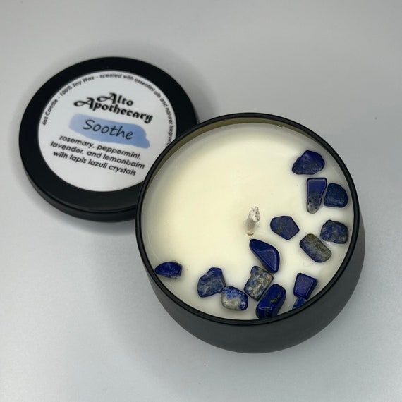 Soothe Candle • Headache & Tension Relief • Rosemary, Peppermint, Lavender, Lemon Balm • Lapis Lazuli Crystal • 8oz Soy Candle