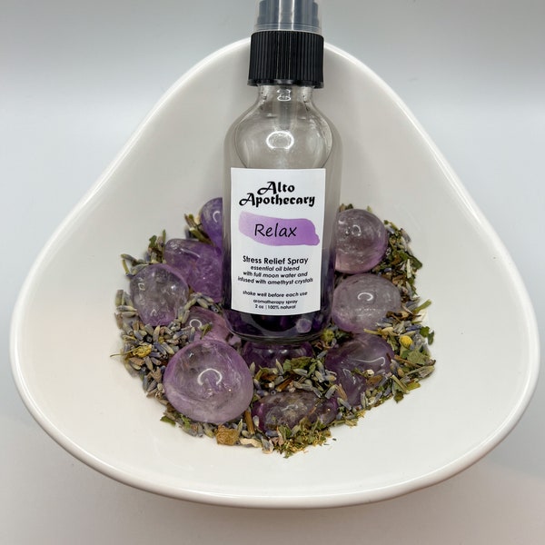 Relax - Stress Relief Essential Oil Spray | Aromatherapy Mist | Amethyst Crystal Infused | Natural Wellness | Handmade Gift