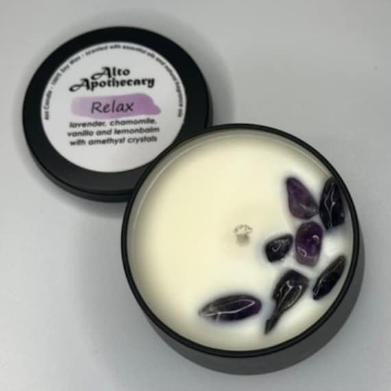 Relax Candle • Calm & Stress Relief • Lavender, Chamomile, Lemon Balm, Vanilla • Amethyst Crystal • 4oz Soy Candle