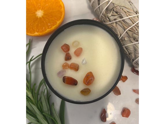 Sunburst Soy Wax Candle: Sweet Orange, Rosemary, Sage with Carnelian