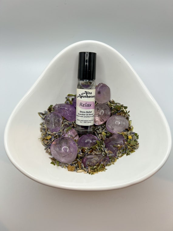 Relax Roller • Calm & Stress Relief • Lavender, Chamomile, Lemon Balm, Vanilla • Amethyst Crystal • 10ml Essential Oil Roller