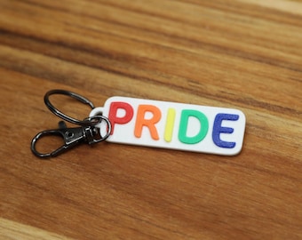 Rainbow Pride Keychain: Raised Lettering, Silver Key Ring
