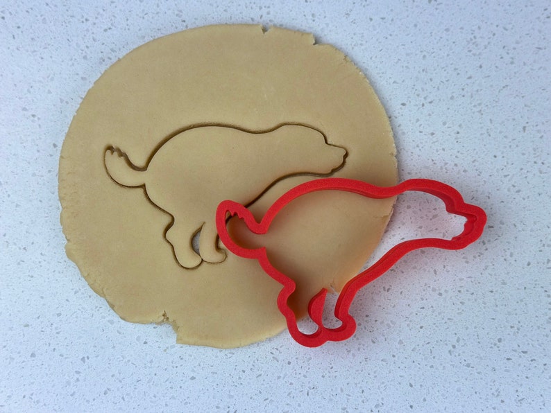 May include: A red plastic dog-shaped cookie cutter beside a piece of rolled-out dough with a dog imprint. The dough is light brown, and the cutter is a bright red. The image is shot from above.
