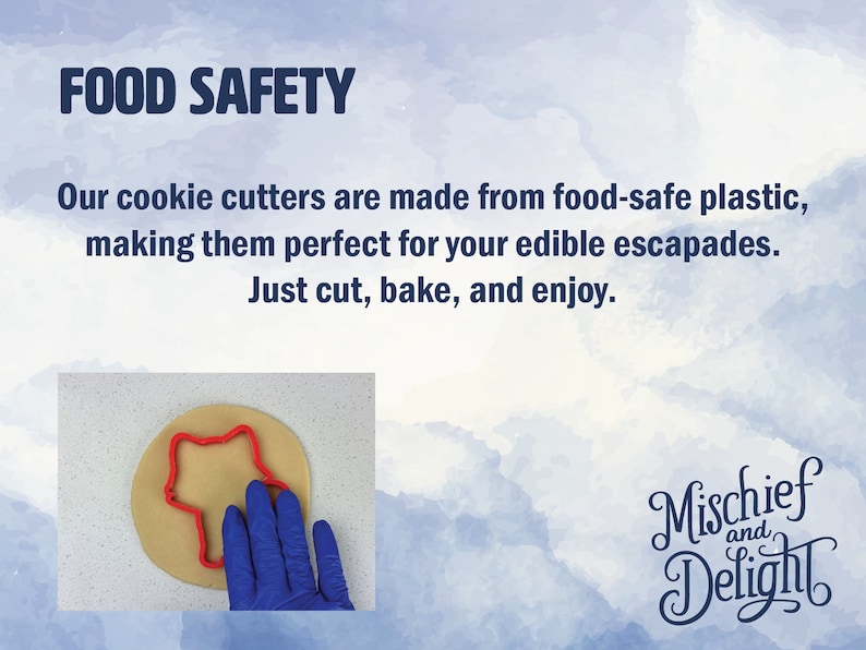 May include: A red star-shaped cookie cutter is pressed into dough. The image includes the text "FOOD SAFETY" and further text below. The logo "Mischief and Delight" is in the bottom right corner of the image.
