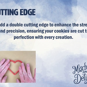 May include: A red heart-shaped cookie cutter. The image includes the text "CUTTING EDGE" and "We add a double cutting edge to enhance the strength and precision, ensuring your cookies are cut to perfection with every creation."