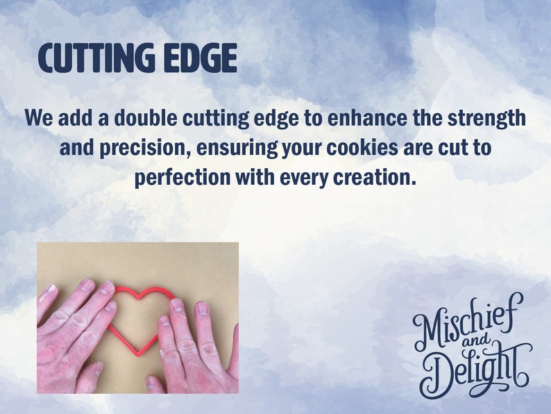 May include: A red heart-shaped cookie cutter. The image includes the text "CUTTING EDGE" and "We add a double cutting edge to enhance the strength and precision, ensuring your cookies are cut to perfection with every creation."