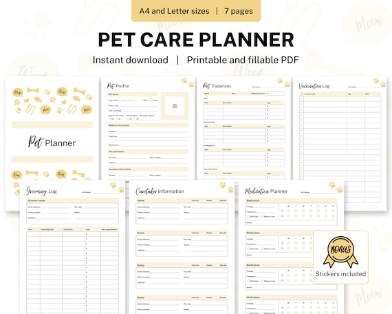 Printable & Fillable Template Pet Care Planner Pet Caretaker - Etsy