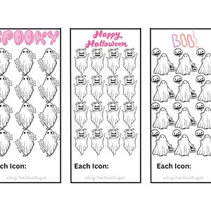 May include: Three printable sheets of Halloween themed ghost stickers. Each sheet features a different title: "Spooky", "Happy Halloween", and "Boo!" Each sheet has 25 black and white ghost illustrations.