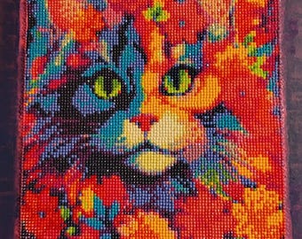 Floral Cat Diamond Art Painting, Handmade Home Decor (12"x16")