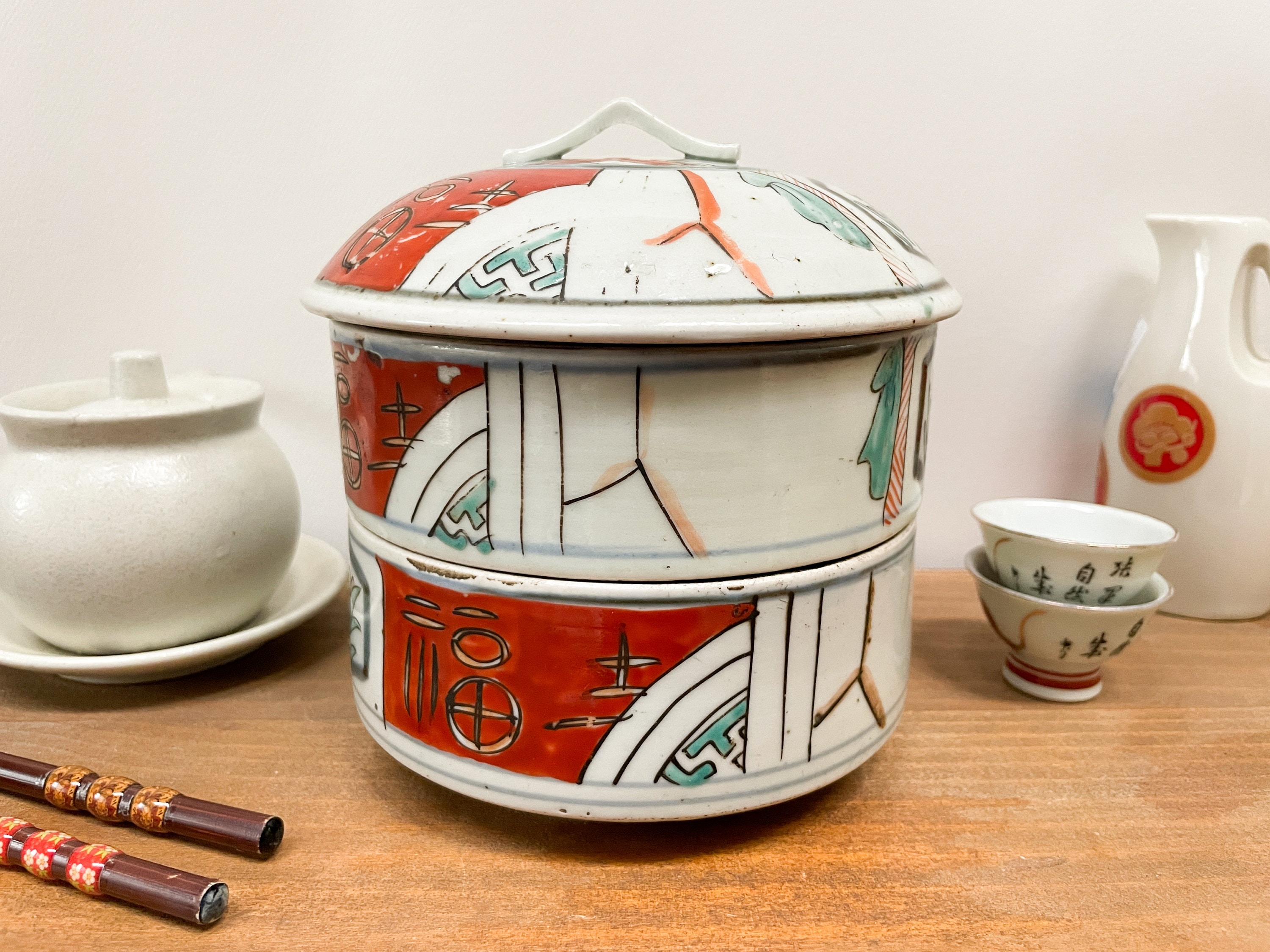 Charming Vintage Ceramic Porcelain Stacking Box Set Collectible OMC  Japanese Round Tiered Box Stackable Box Bento Box Imari Design 